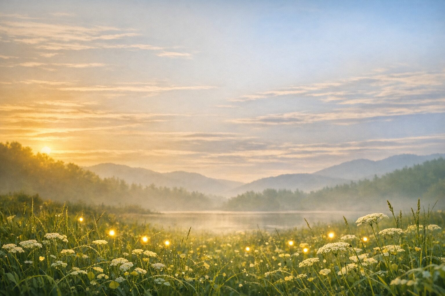 朝露の草原に、光の粒が浮かぶ
