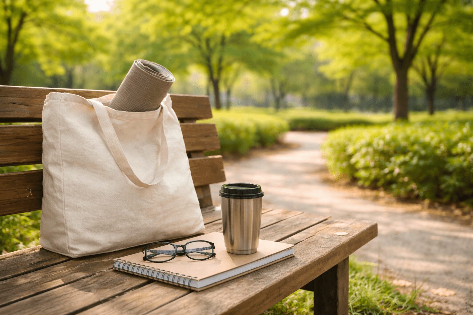 緑あふれる公園のベンチの上の荷物やノート、コーヒー