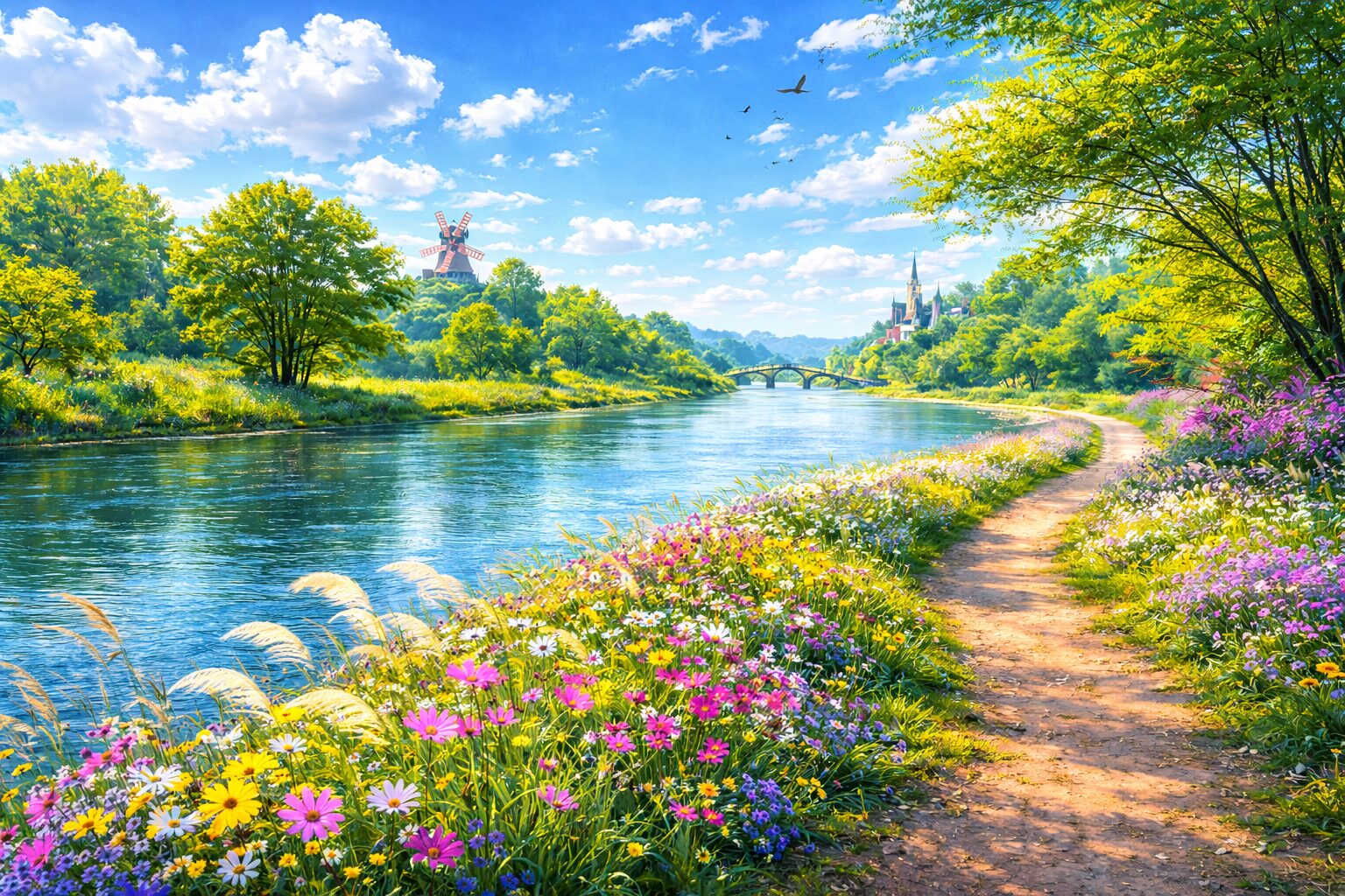 川沿いの色とりどりの野花と小道