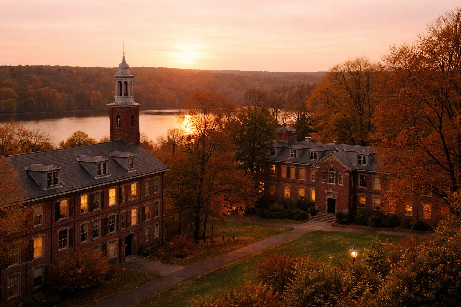 夕暮れの中の学校の校舎