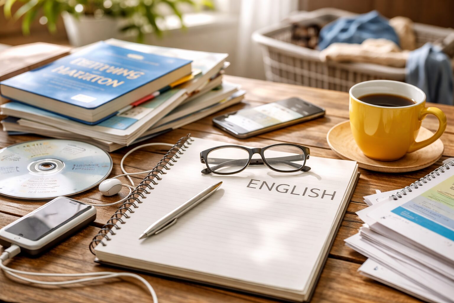 机の上いっぱいのテキスト、CD、メガネ、コーヒー