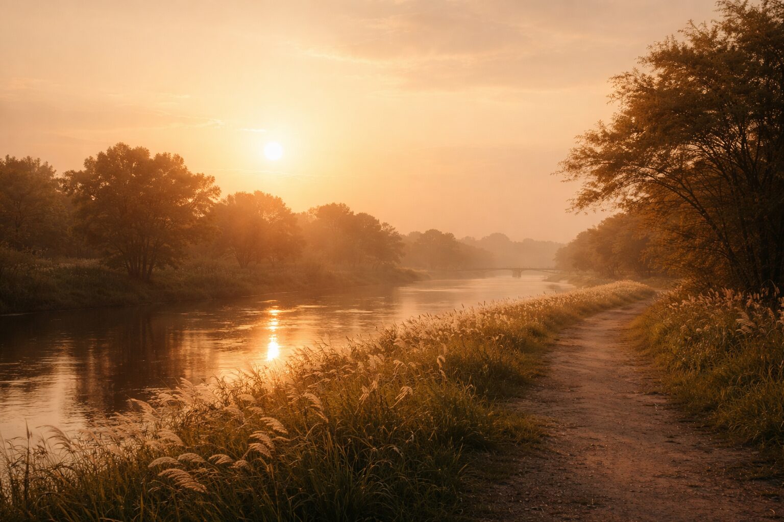 夕暮れの川辺の風景