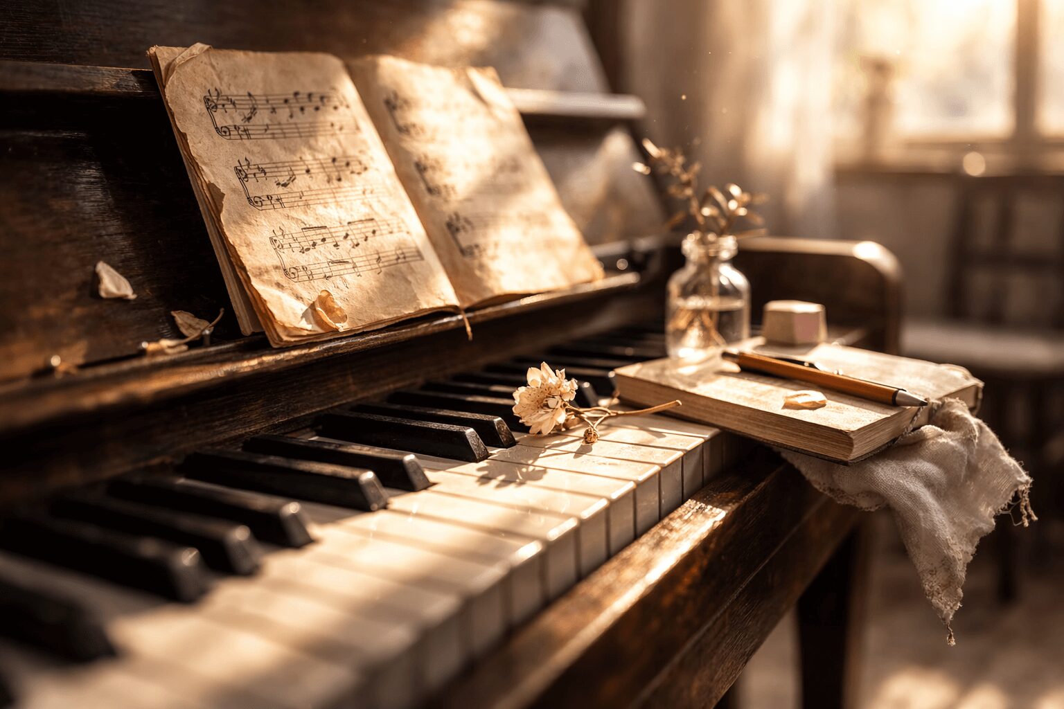 光あふれる部屋の中のピアノ