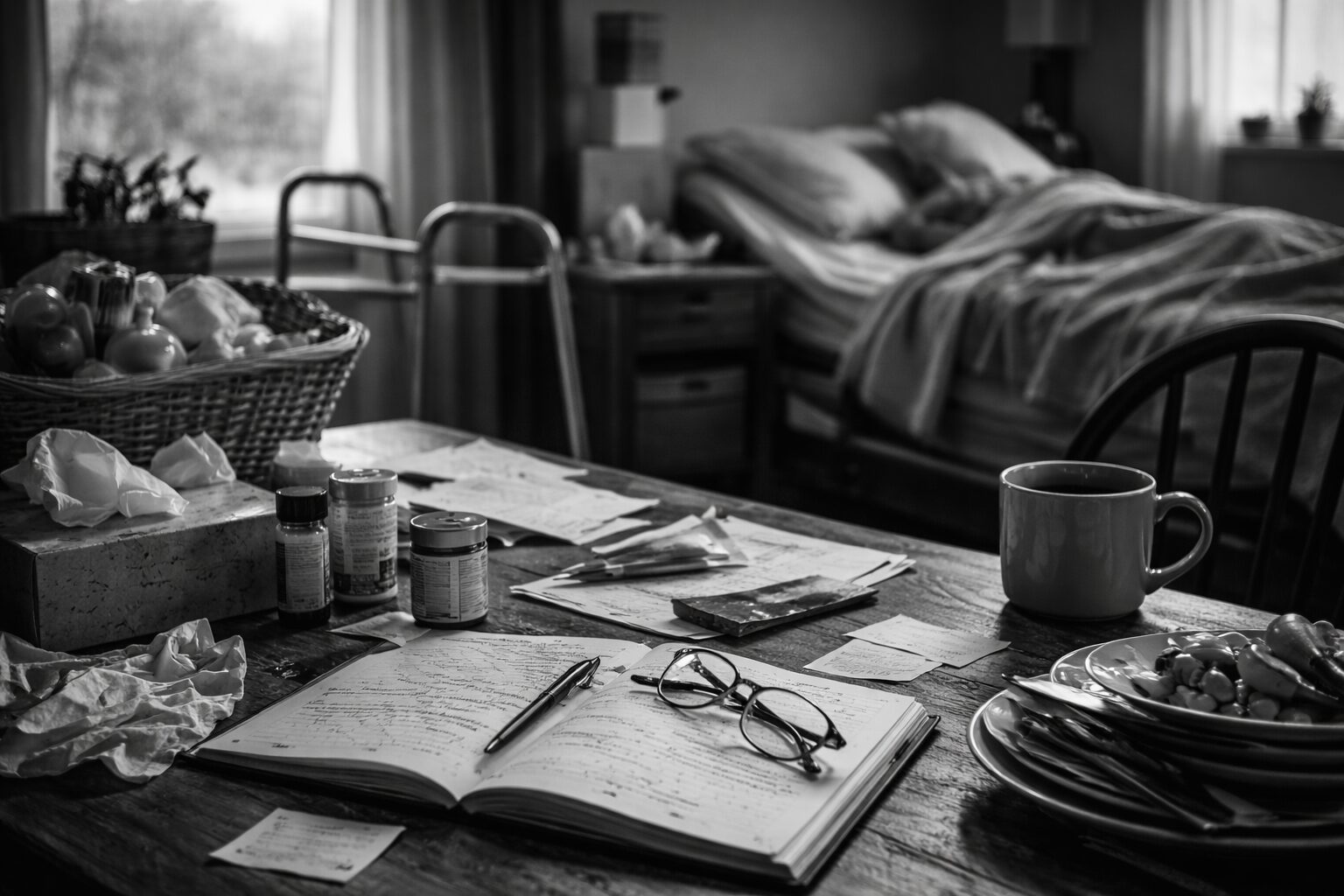 ベッドのある散らかった白黒の部屋