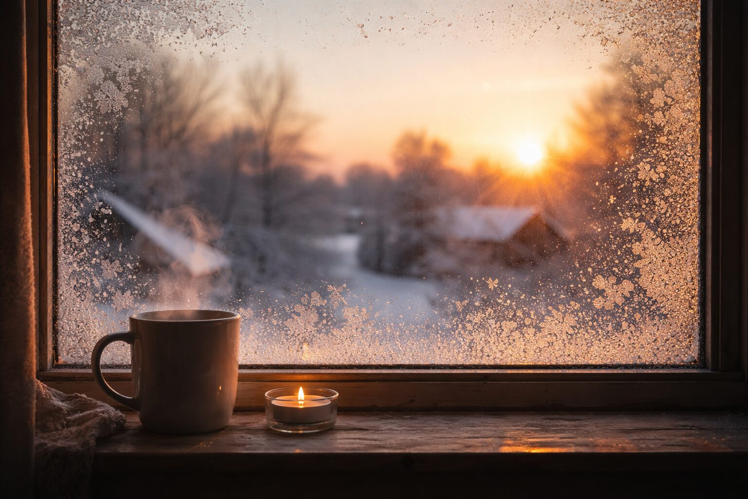 雪景色の窓際と朝日
