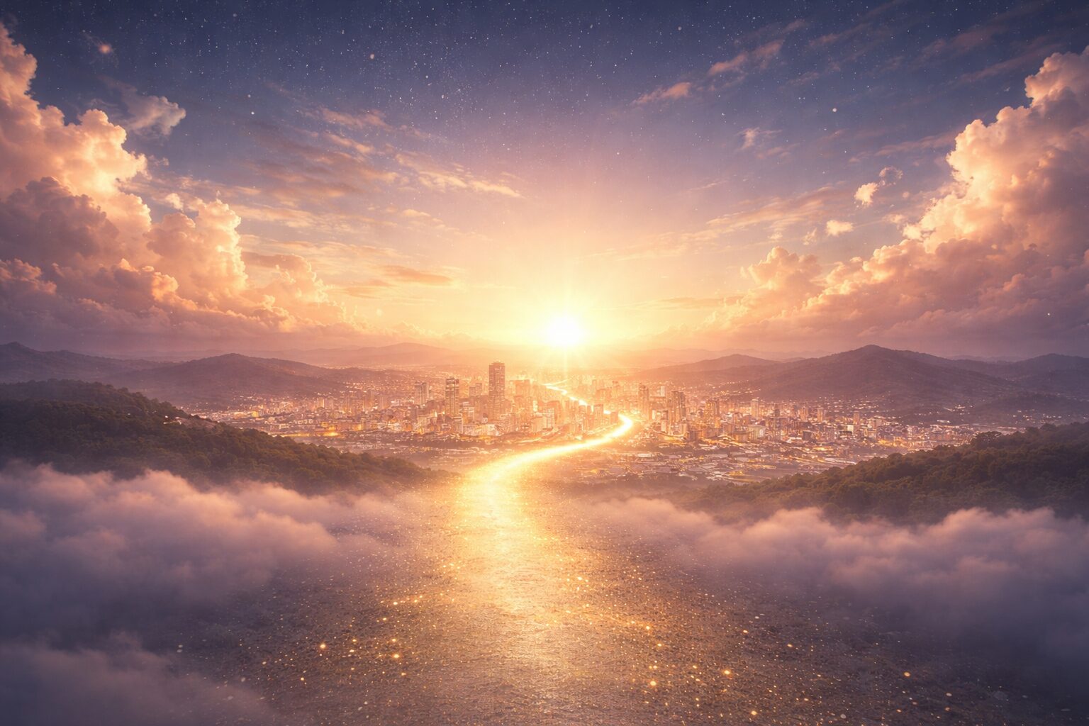 朝日と輝く都市の道