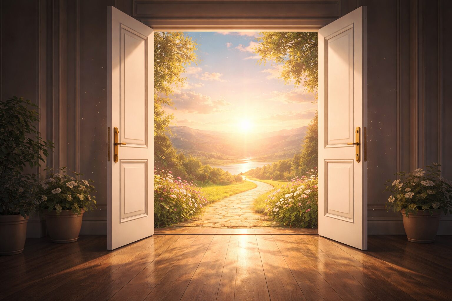 開かれた扉と陽射しの道