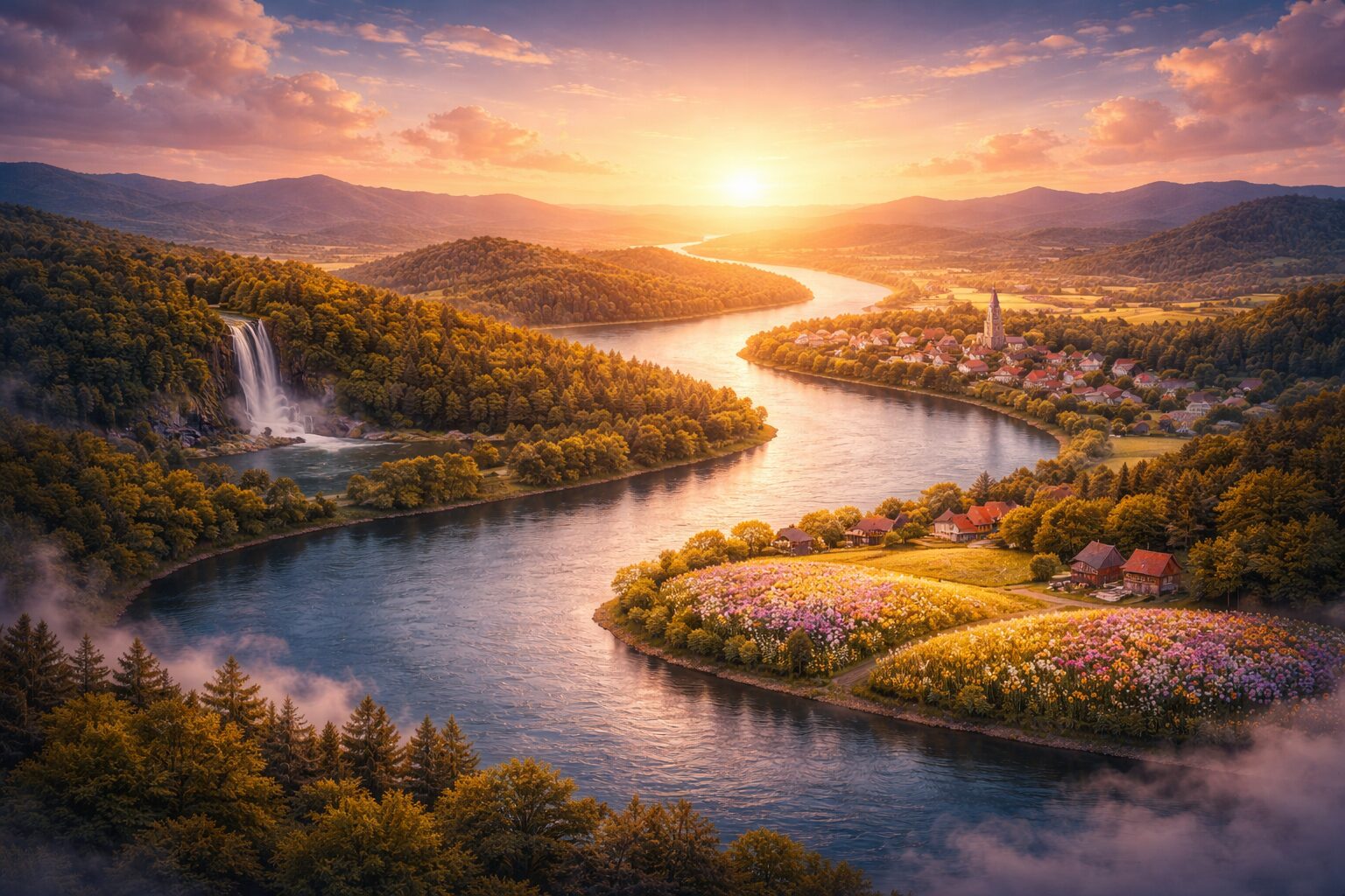 美しい夕暮れの川と村