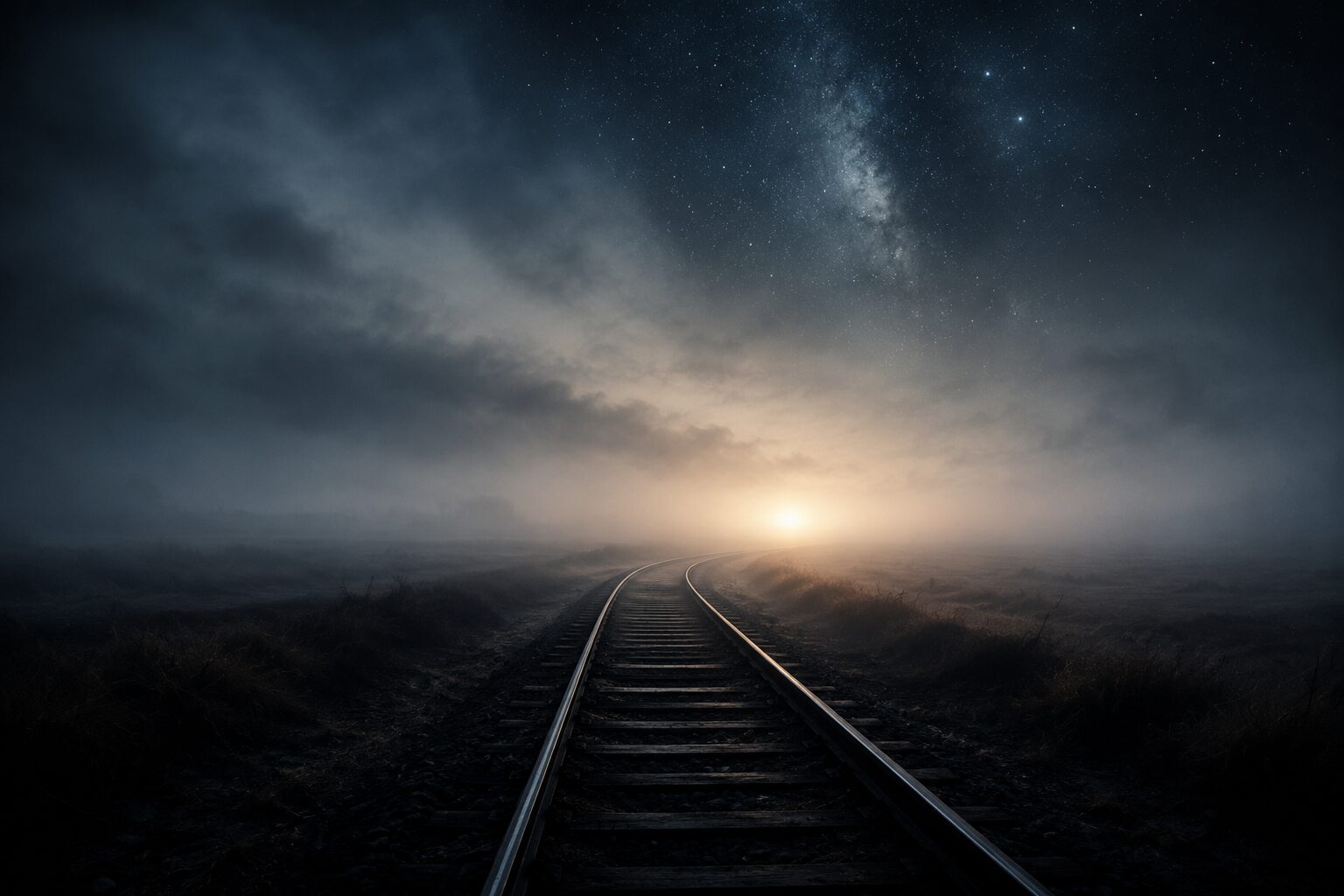 霧の中の鉄道と星空